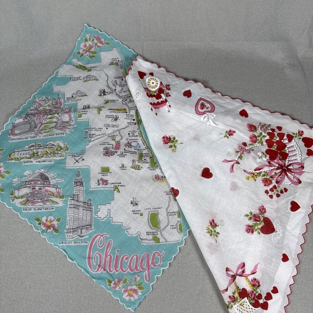 Vintage Handkerchief Lot Of 2 Chicago Blue/ Red White Heart Hankies Scalloped